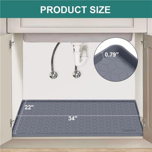 Under Sink Mat, 34" x 22" Waterproof Silicone Under Sink Tray  (Grey) - Picture 4 of 7